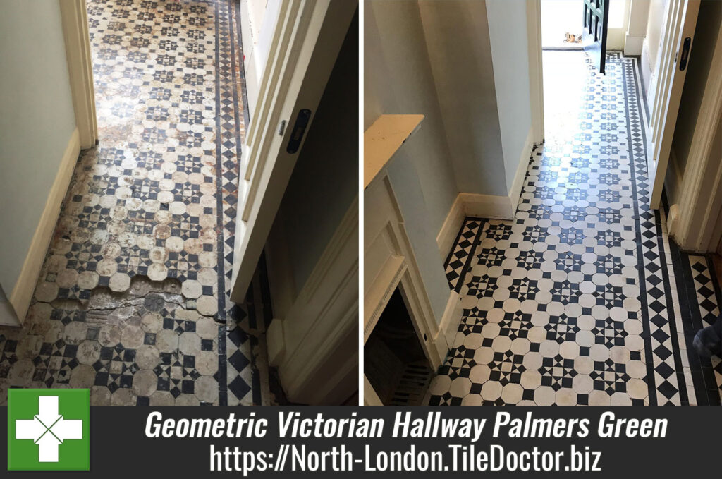 Geometric Victorian Tiled Hallway Repaired and Restored in Palmers Green